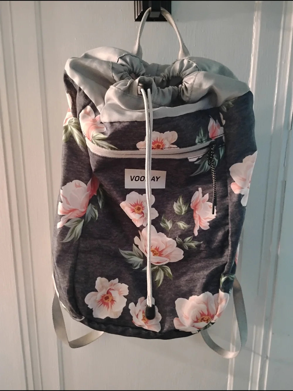 VOO DAY Floral Drawstring Laptop Backpack in Charcoal and Pink